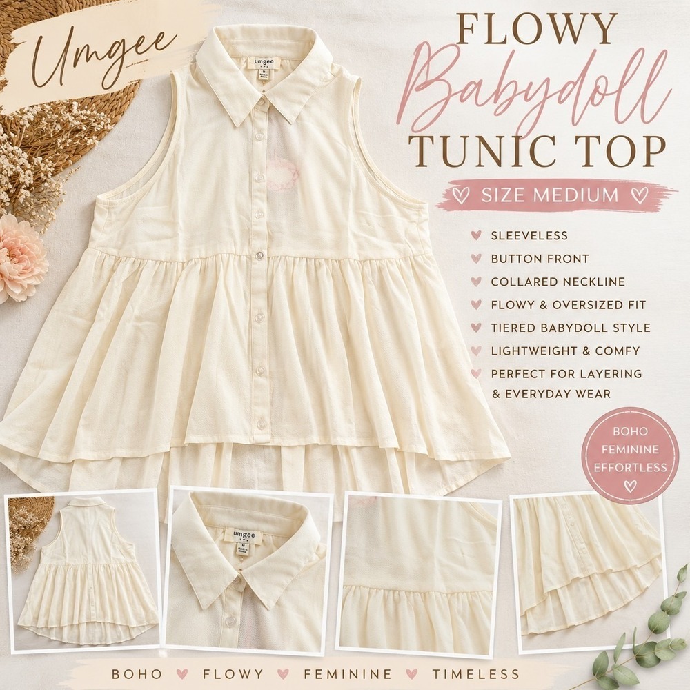 Umgee M Ivory Sleeveless Button Front Babydoll Tunic Top Flowy Boho Hi Low